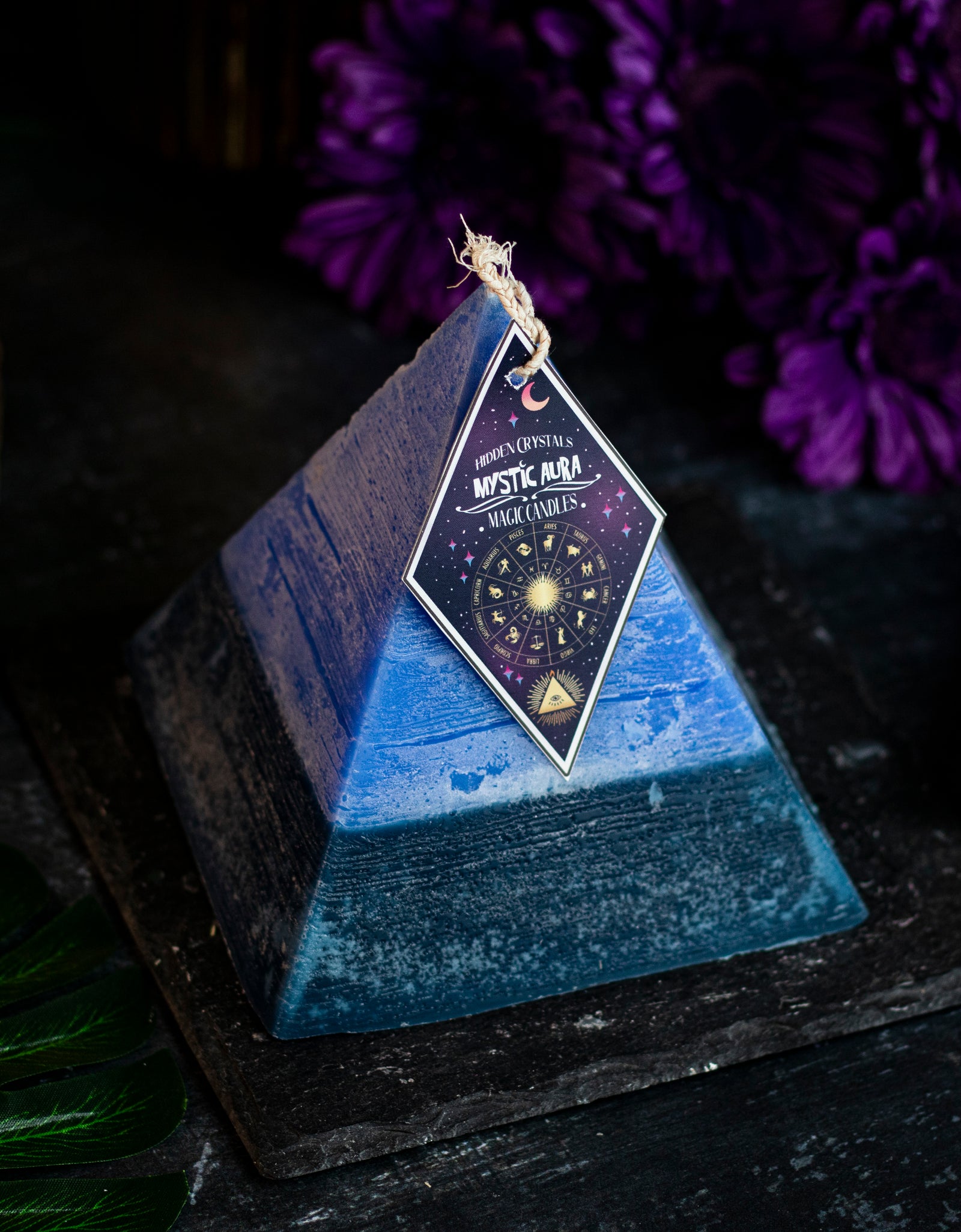 Capricorn Zodiac Pyramid Candle With Hidden Crystals by Mystic Aura Candles, Blue