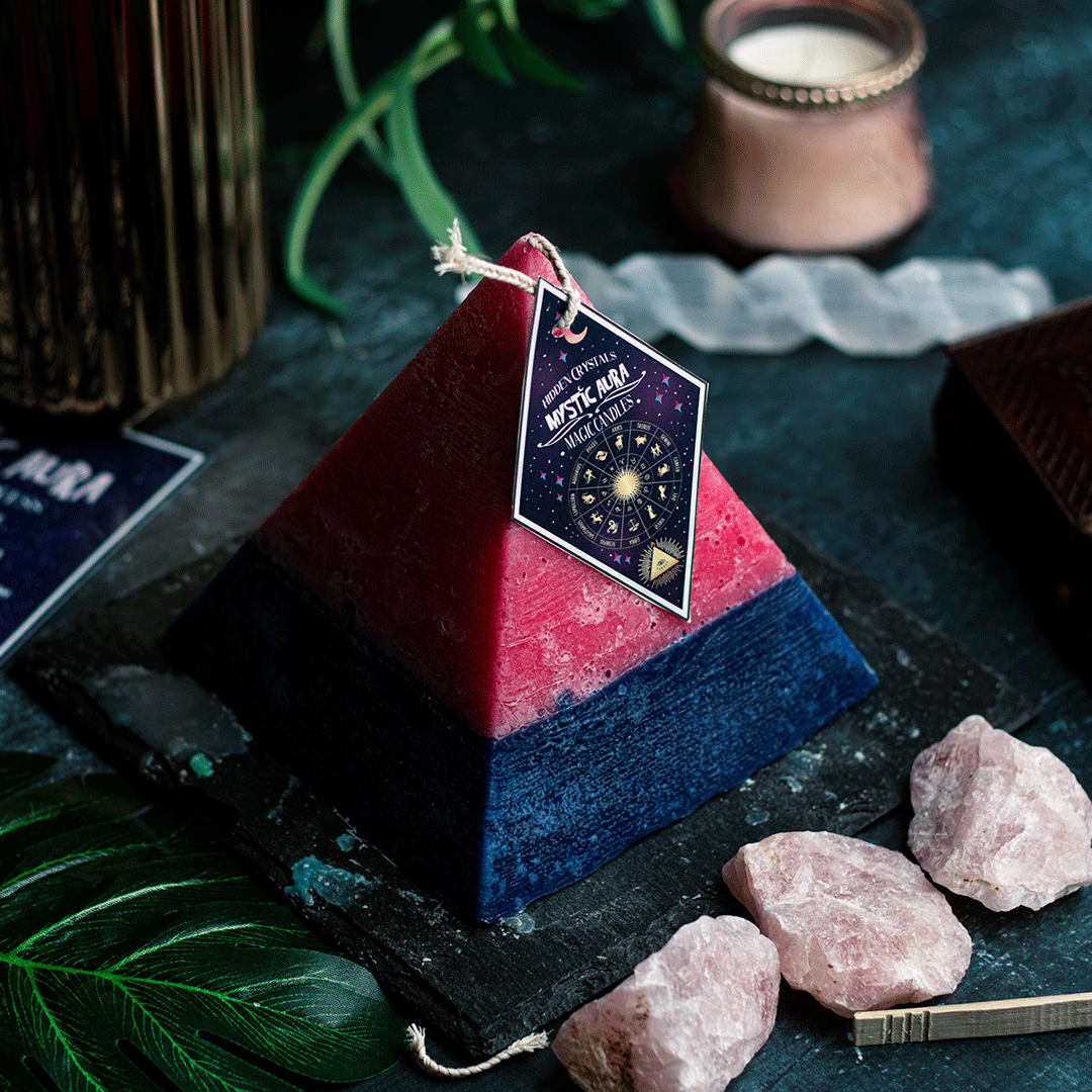 Sagittarius Zodiac Pyramid Candle With Hidden Crystals by Mystic Aura Candles, Red / Dark Blue