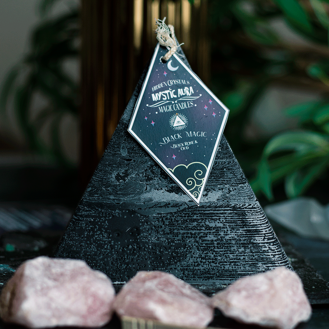 Black Magic pyramid spell candle hidden crystals by Mystic Aura Candles