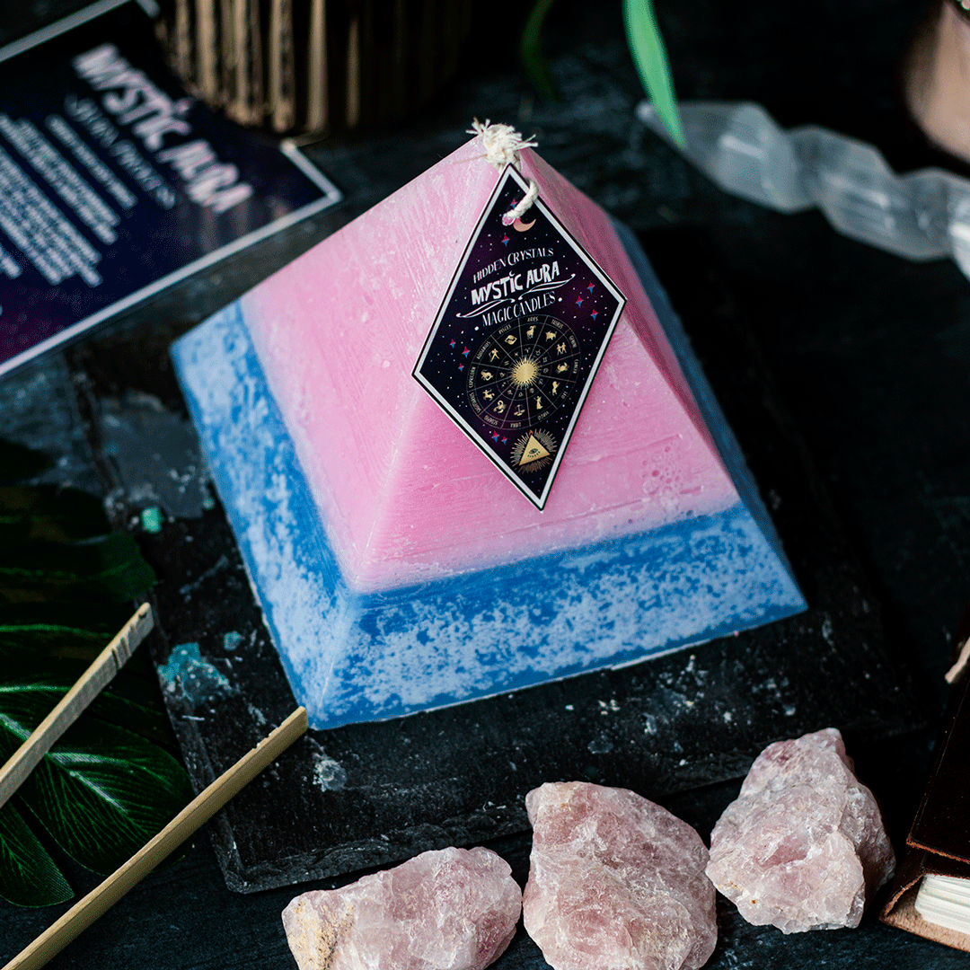 Libra Zodiac Pyramid Candle With Hidden Crystals by Mystic Aura Candles, pink / Blue