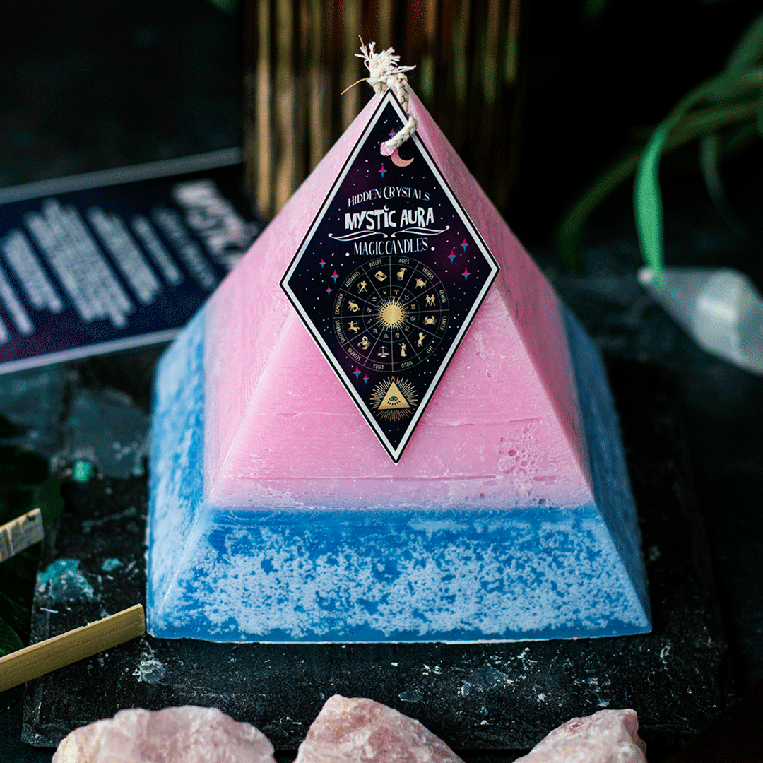 Libra Zodiac Pyramid Candle With Hidden Crystals by Mystic Aura Candles, pink / Blue