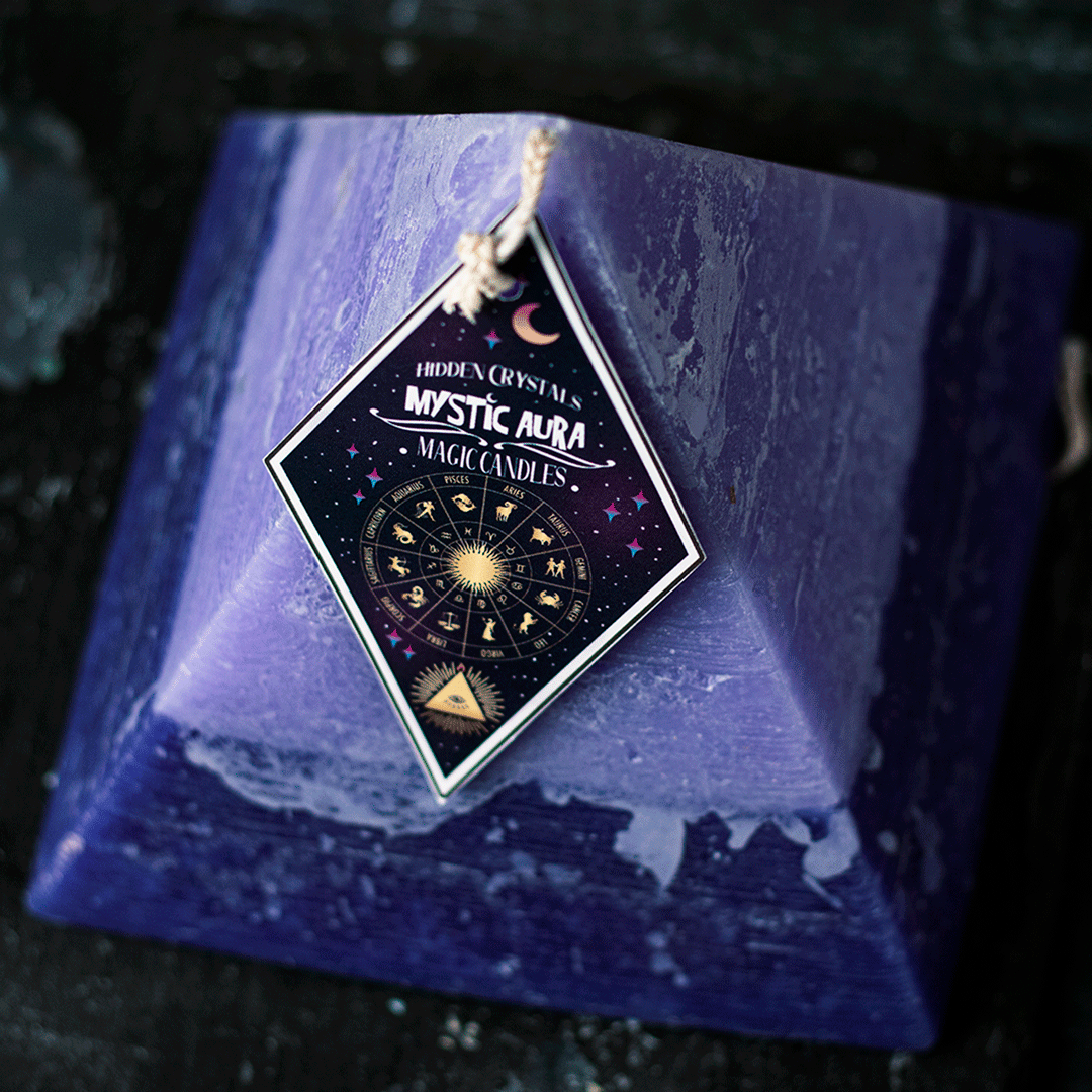 Virgo Zodiac Pyramid Candle With Hidden Crystals by Mystic Aura Candles, Purple / Dark Purple