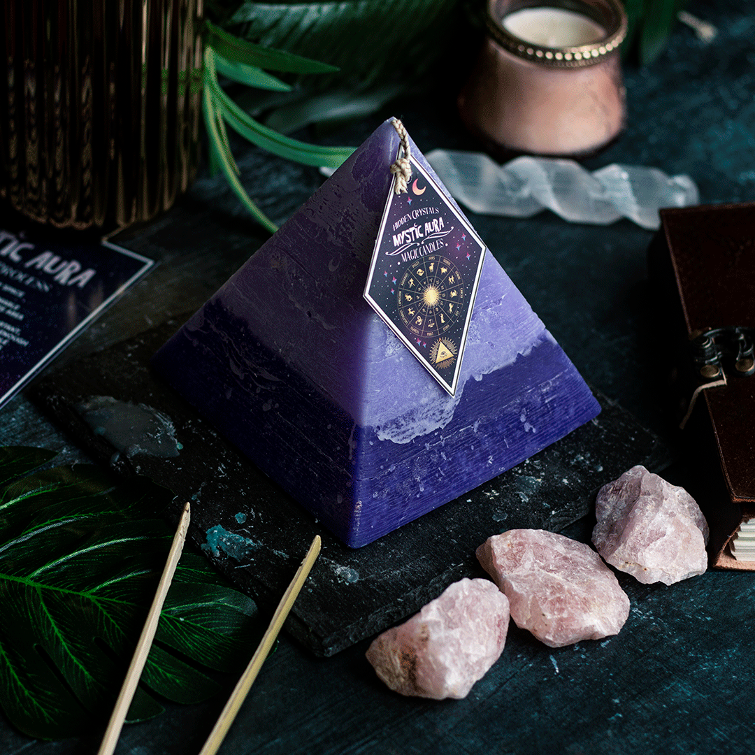 Virgo Zodiac Pyramid Candle With Hidden Crystals by Mystic Aura Candles, Purple / Dark Purple