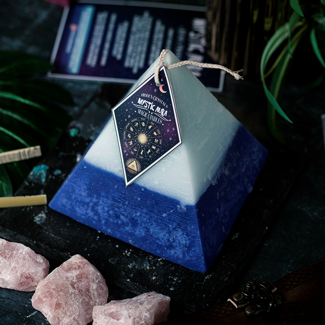 Aquarius Zodiac Pyramid Candle With Hidden Crystals by Mystic Aura Candles, light blue dark navy