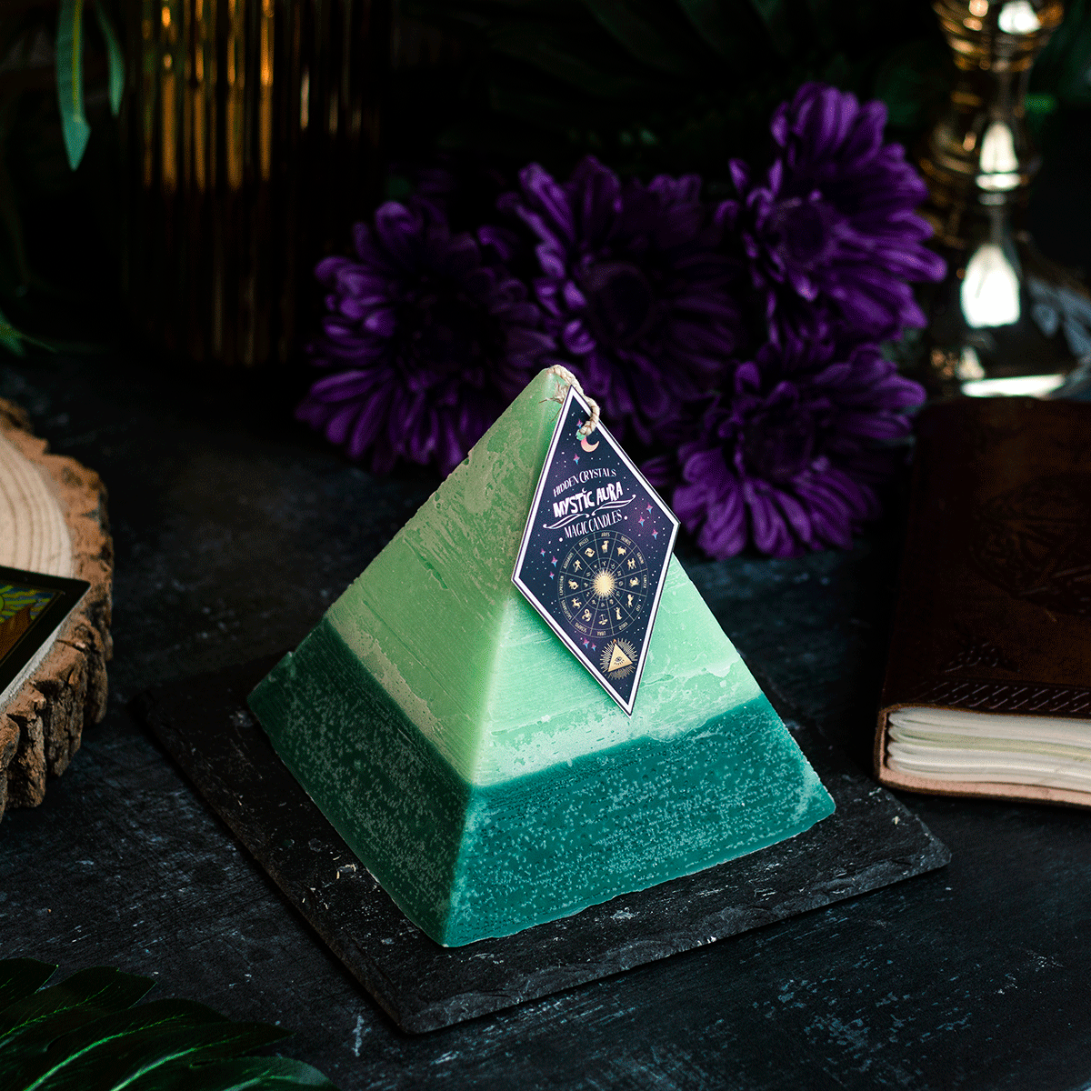 Cancer Zodiac Pyramid Candle With Hidden Crystals by Mystic Aura Candles, Light Green / Dark Green
