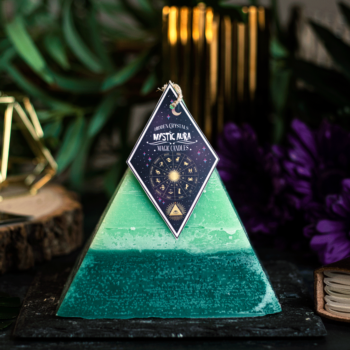 Cancer Zodiac Pyramid Candle With Hidden Crystals by Mystic Aura Candles, Light Green / Dark Green