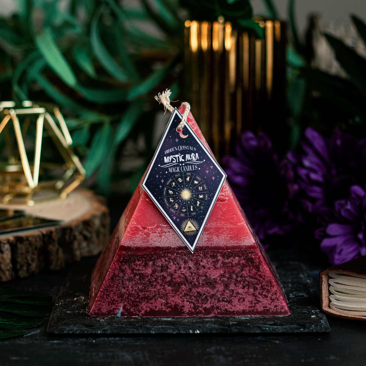 Aries Zodiac Pyramid Candle With Hidden Crystals by Mystic Aura Candles, Red / Dark Red