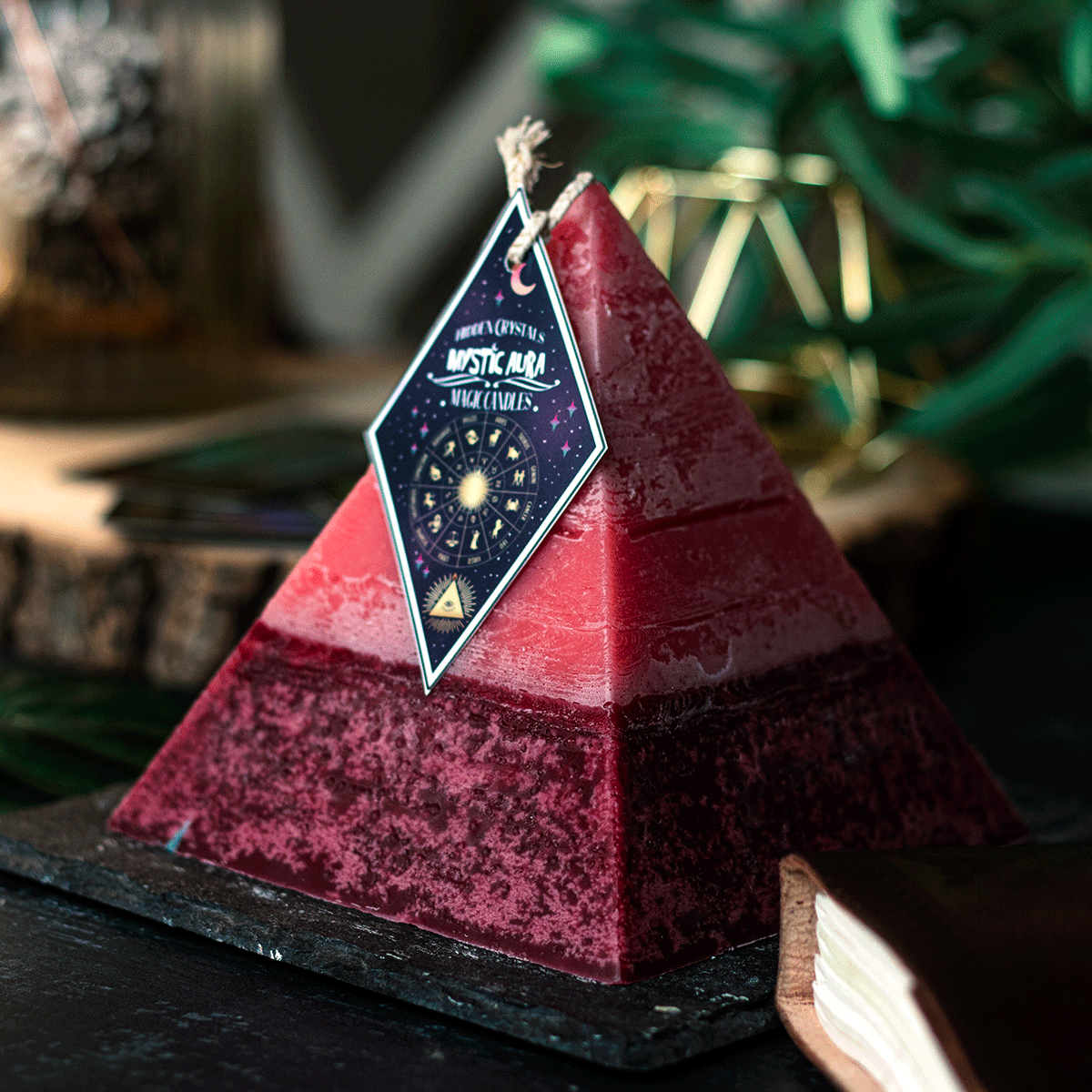 Aries Zodiac Pyramid Candle With Hidden Crystals by Mystic Aura Candles, Red / Dark Red