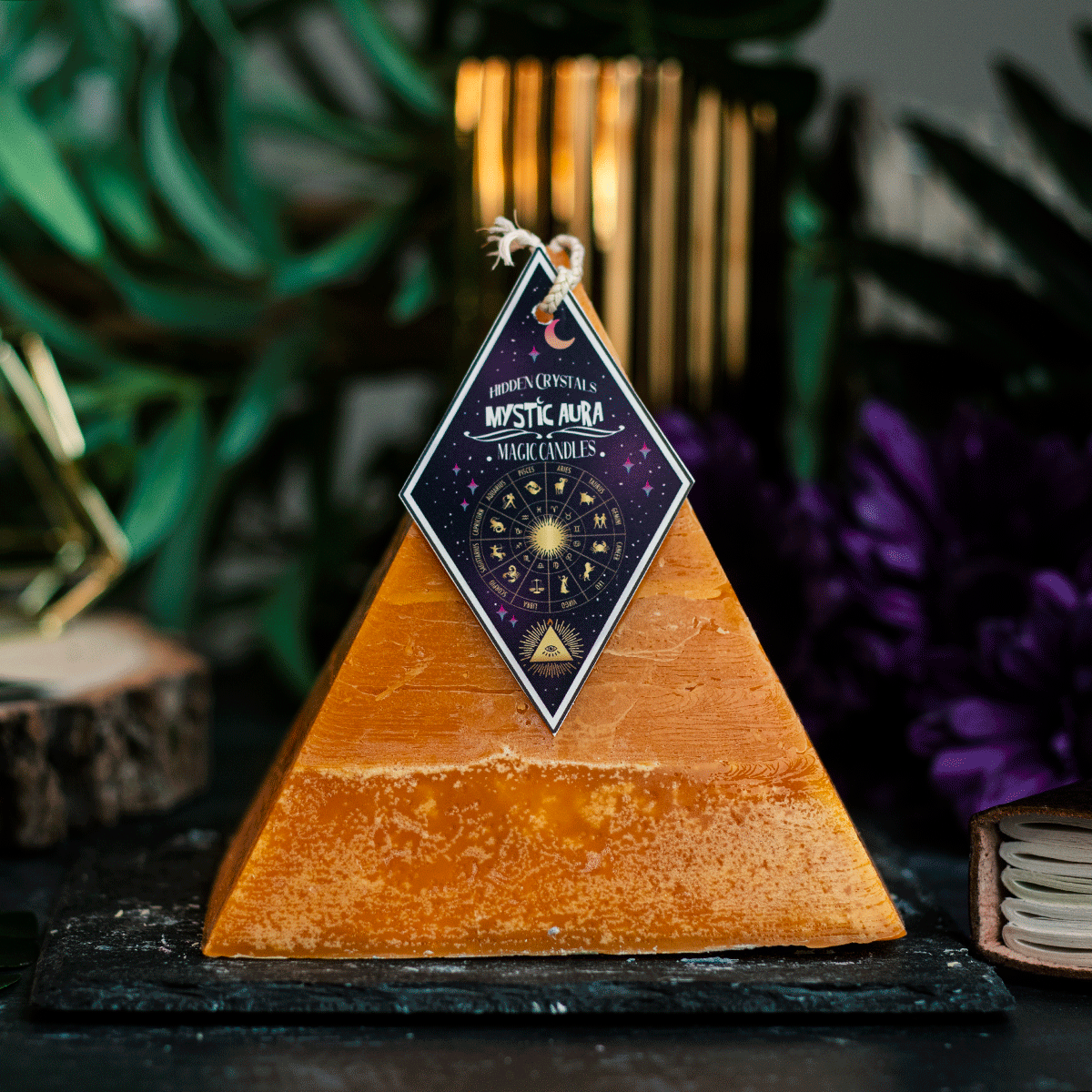 Taurus Zodiac Pyramid Candle With Hidden Crystals by Mystic Aura Candles, Orange