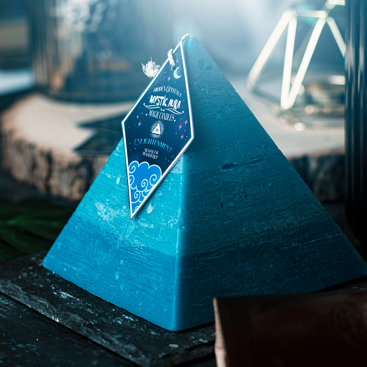 Enlightenment pyramid spell candle hidden crystals by Mystic Aura Candles, Blue / Dark Blue