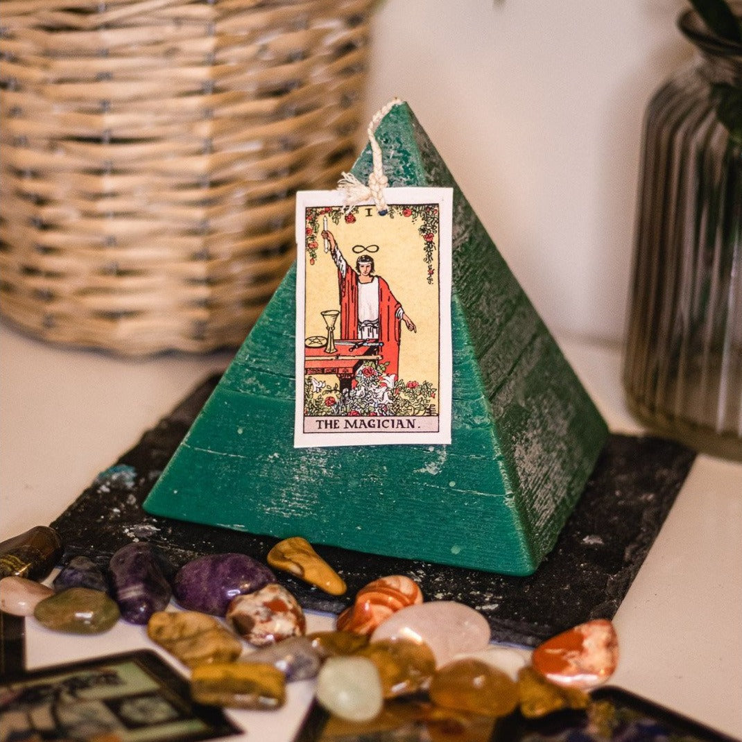 The Magician Pyramid Tarot Candle by Mystic Aura Candles. Hidden Crystals inside, Green 