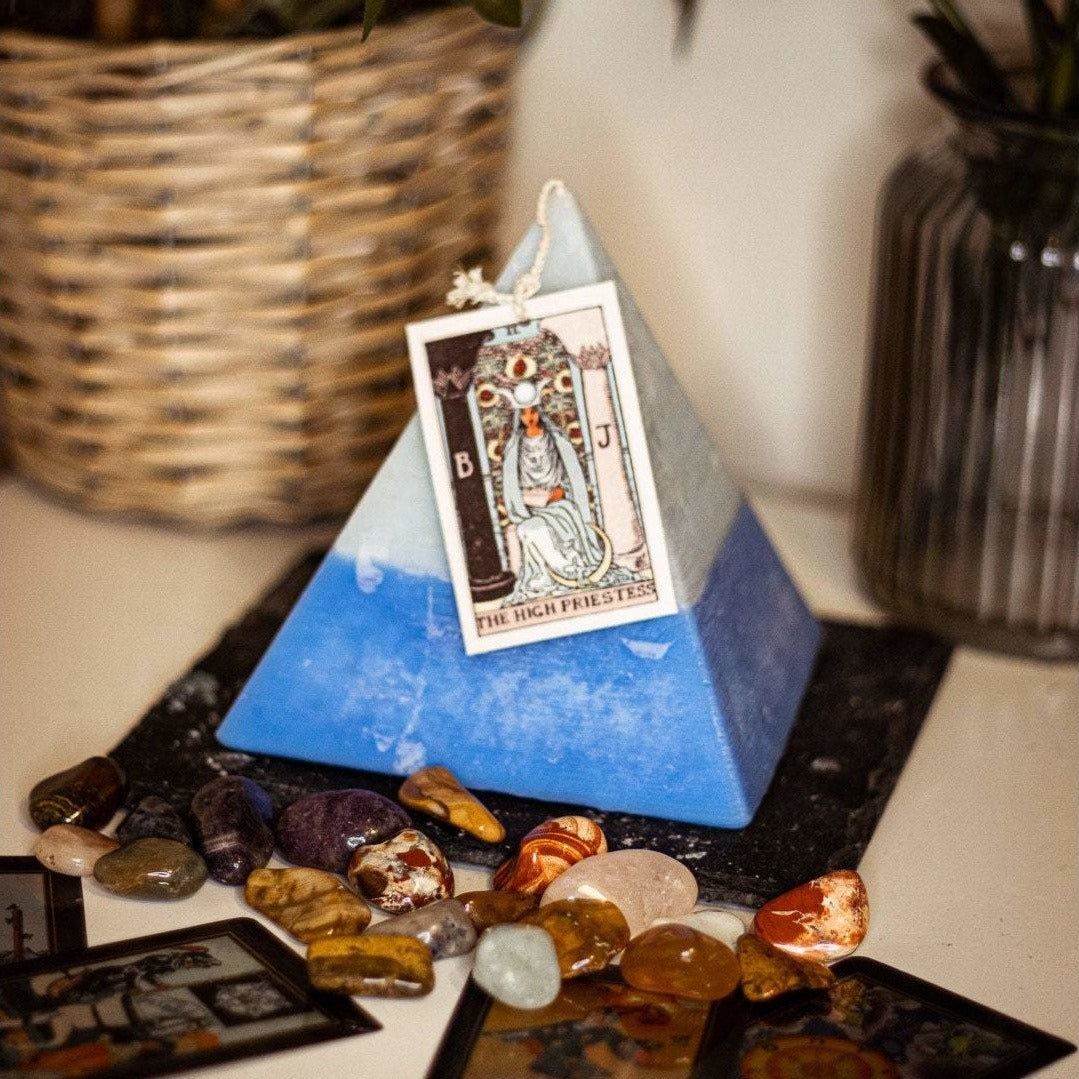 The High Priestess Pyramid Tarot Candle by Mystic Aura Candles. Hidden Crystals inside, Light Blue/Dark blue 