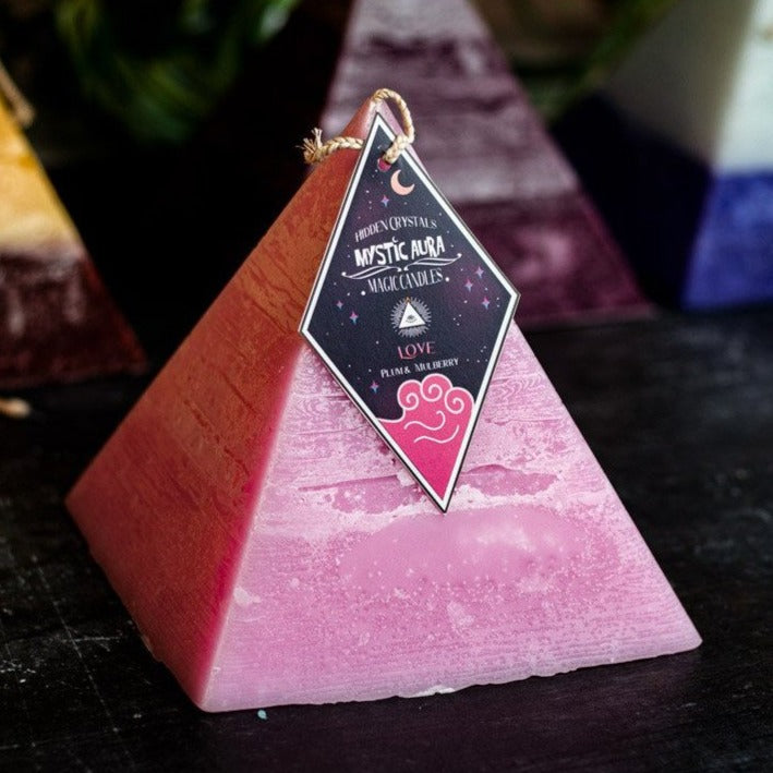 Love Pyramid spell candle hidden crystals by Mystic Aura Candles, Pink