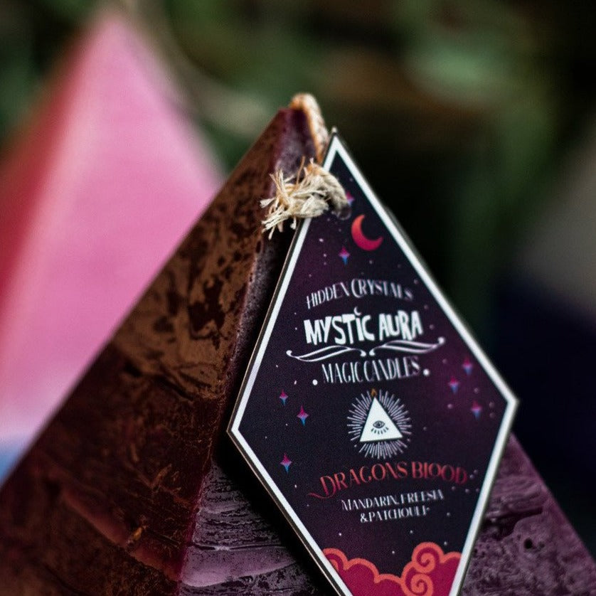 Dragons Blood pyramid spell candle hidden crystals by Mystic Aura Candles