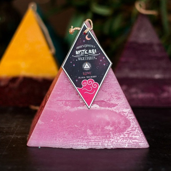 Love Pyramid spell candle hidden crystals by Mystic Aura Candles, Pink